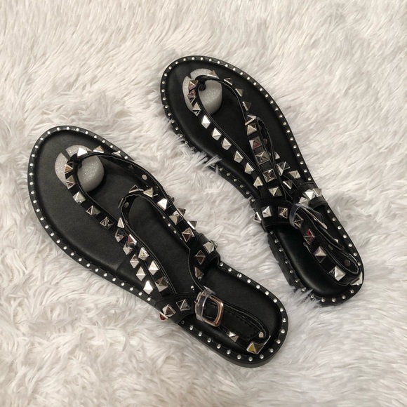 Black Silver Studded Strappy Flat Sandals - Picture 2 of 3